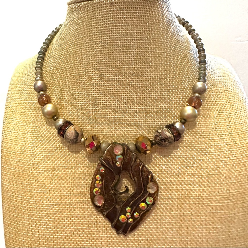 Treska Necklace Boho Coil Choker - beaded wire w/ jeweled copper tone pendant